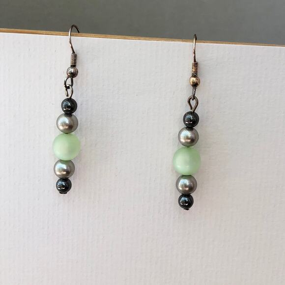 Green and Gray Dangle Statement Earrings Hook Faux Pearls Upcycled Handmade Gift - Picture 1 of 5